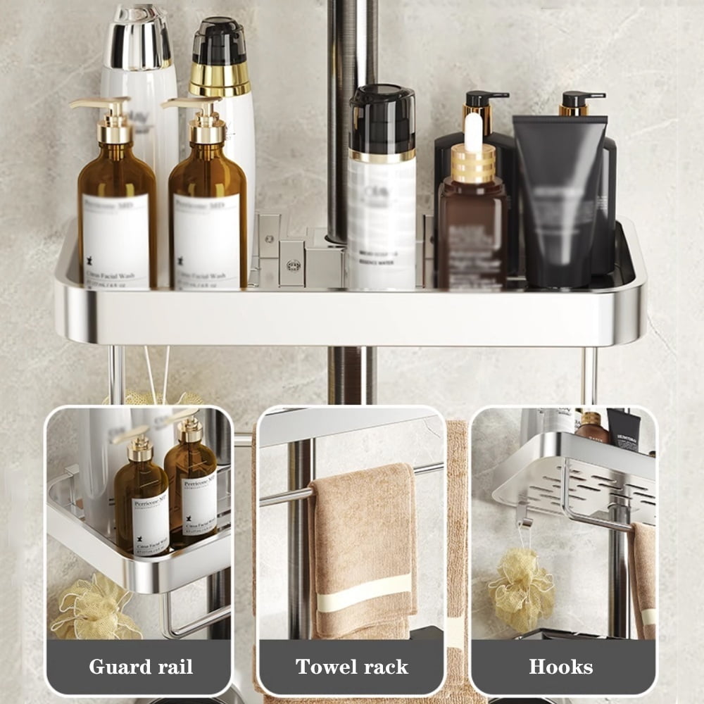 Modern Aluminum Shower Shelf with Hooks, Adjustable Height and Rotation Bathroom Hanging Organizer