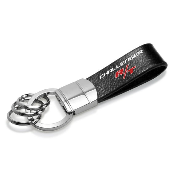 Dodge Challenger R/T Black Real Leather Strap Chrome Round Hook Metal Key Chain