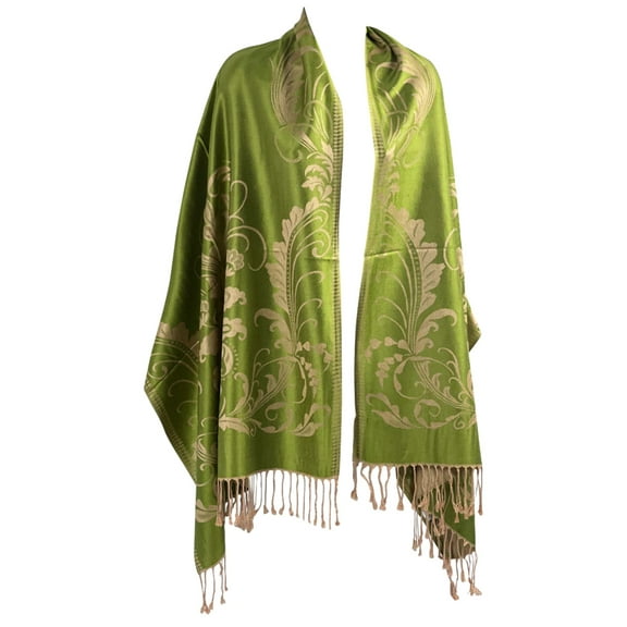 Enchanting Green Pashmina Shawl with Cream Floral Embellishments – Fringed Wrap of Serene Elegance
