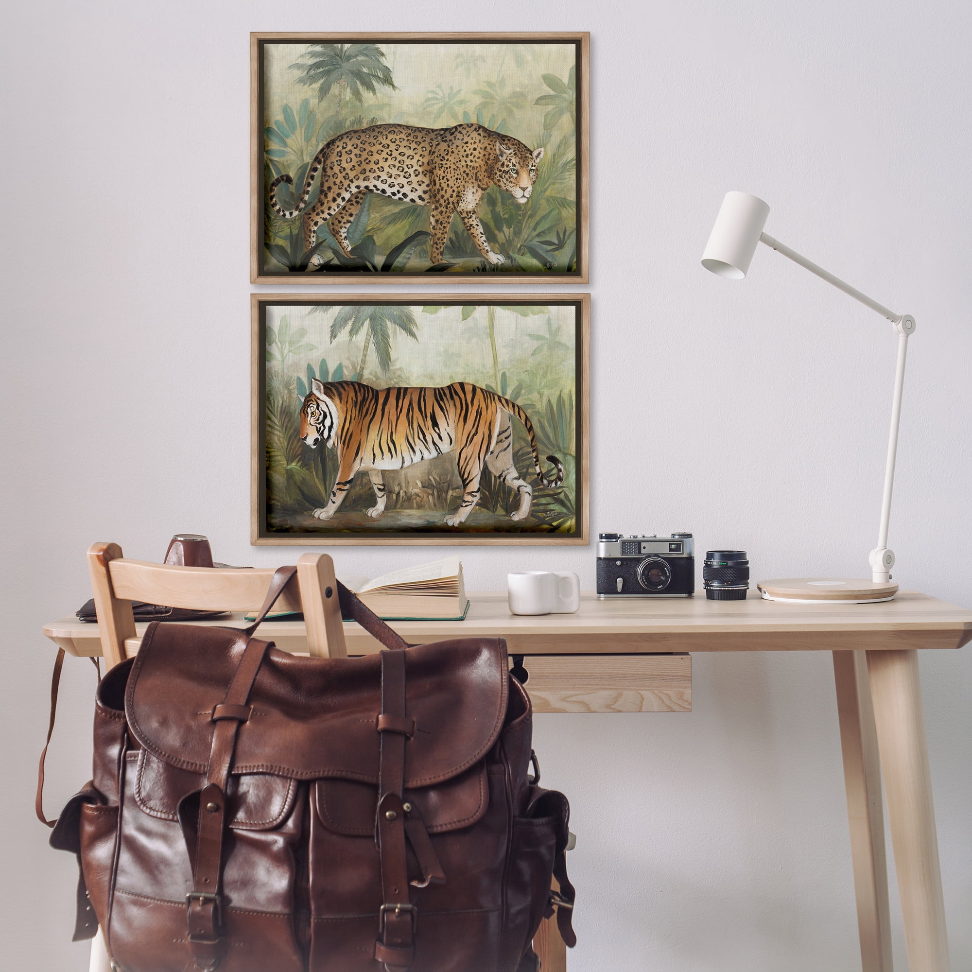 Stupell Industries Jaguar & Tiger Jungle Scene Animals Painting Brown Floater Framed Canvas Art Print Wall Art, 25 x 17, Set of 2