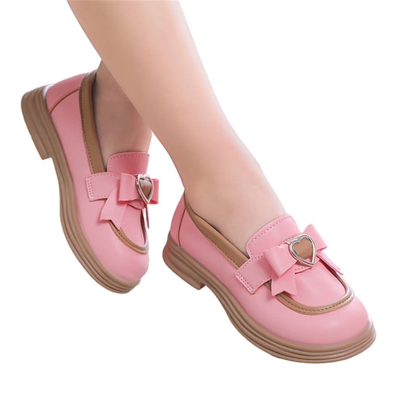 GiLiling Girls Slip-On Loafer Dress Shoes, PU Leather Bow Flats with Chunky Rubber Sole, Comfortable Casual School Party Footwear (Pink, 9-9.5 Years)