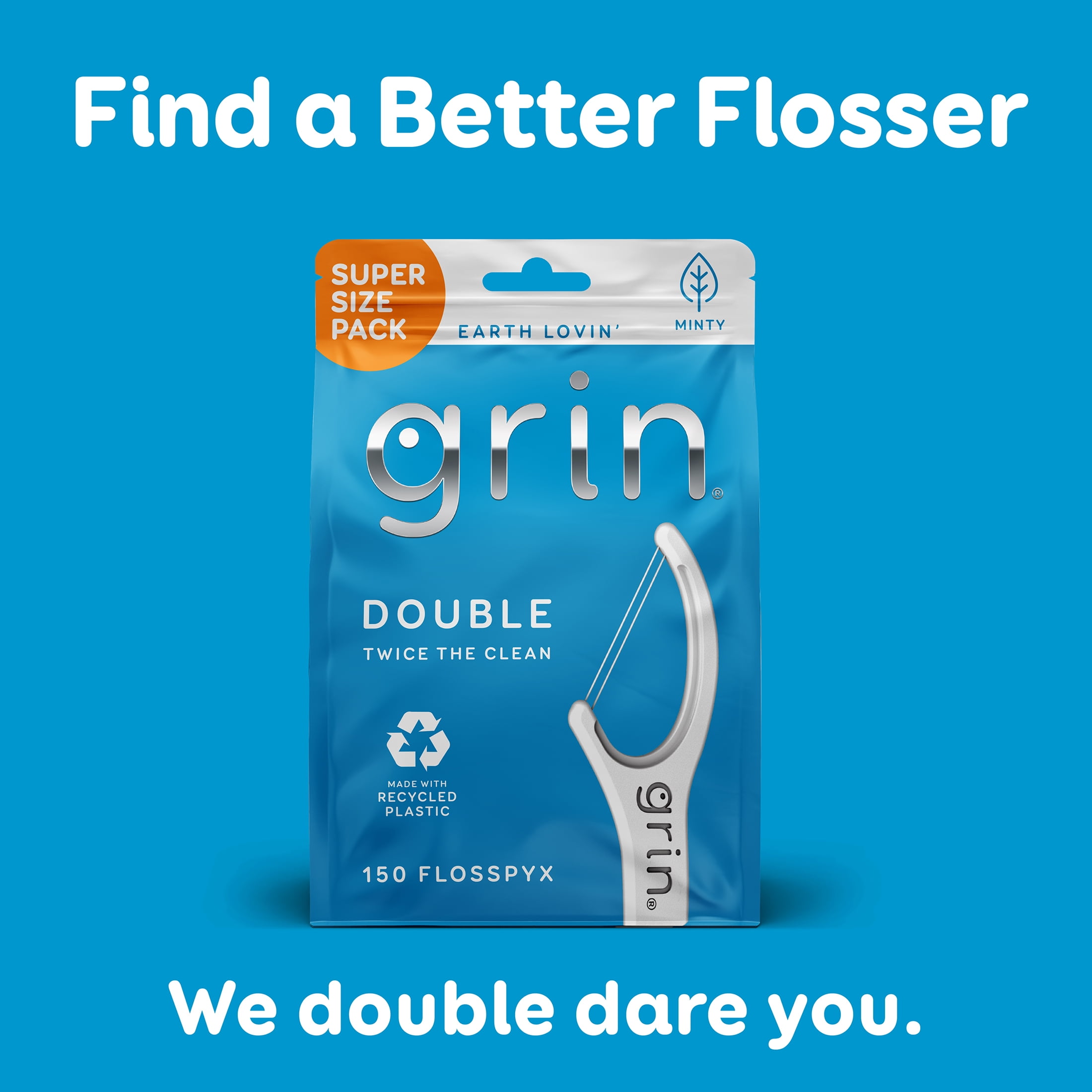 (2 pack) Grin Double Flosspyx Floss Picks, Mint Flavor, 150 Count, Recycled Plastic, 2-Line Floss