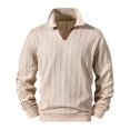 thumbnail image 4 of Mens Vertical Striped Knit Polo Sweater, Single Button Lapel V Neck Long Sleeve Solid Pullover for Fall Daily Street Style Khaki XXXL, 4 of 5