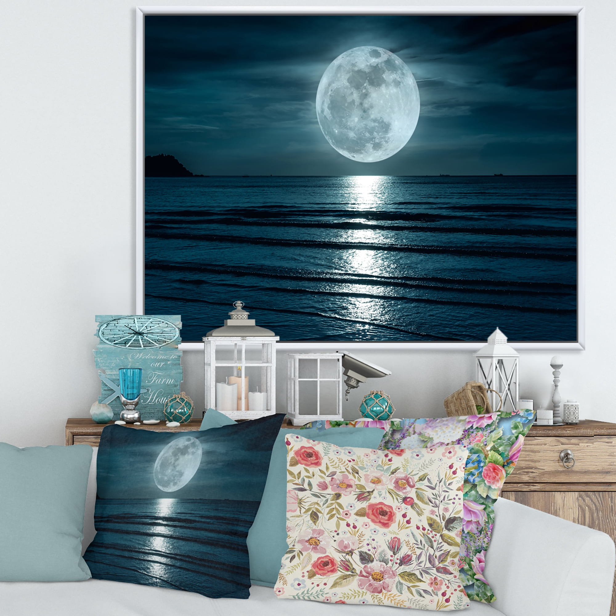 Designart 'Super Full Moon Over The Sea I' Modern Framed Canvas Wall Art Print