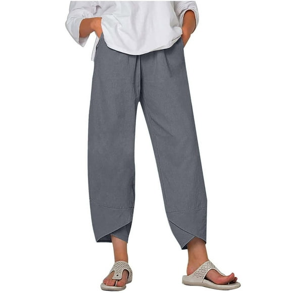 Summer Plus Size Capri Pants for Women, Women's Linen Cropped Pants High Waist Solid Pocket Ankle Capris Trousers