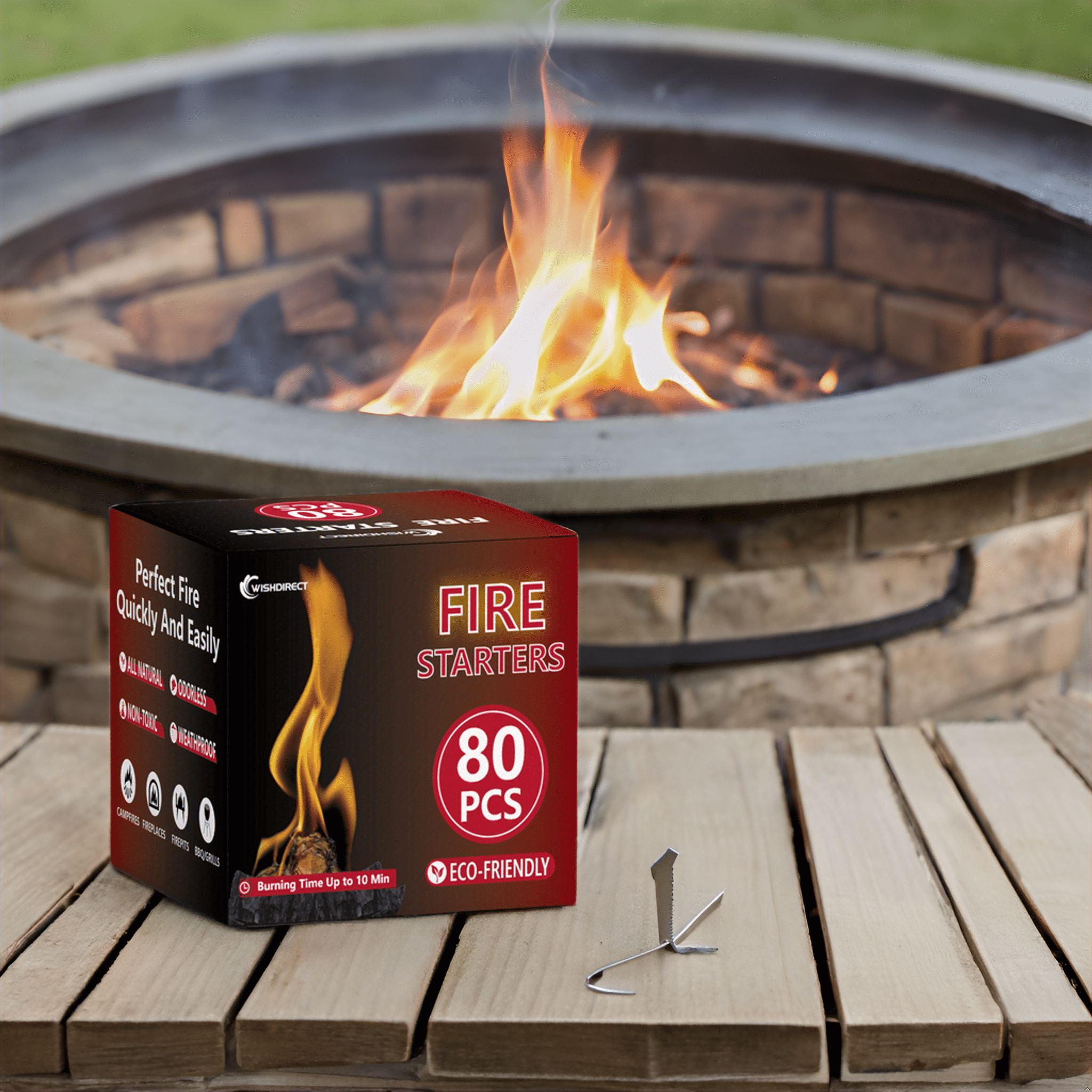 WishDirect Fire Starters for Campfires Fireplace (80 Pack) - Easy & Quick Charcoal Firestarter Fit for Kamado Joe Big Green Egg Wood Log Stick Briquette BBQ Barbeque Grill
