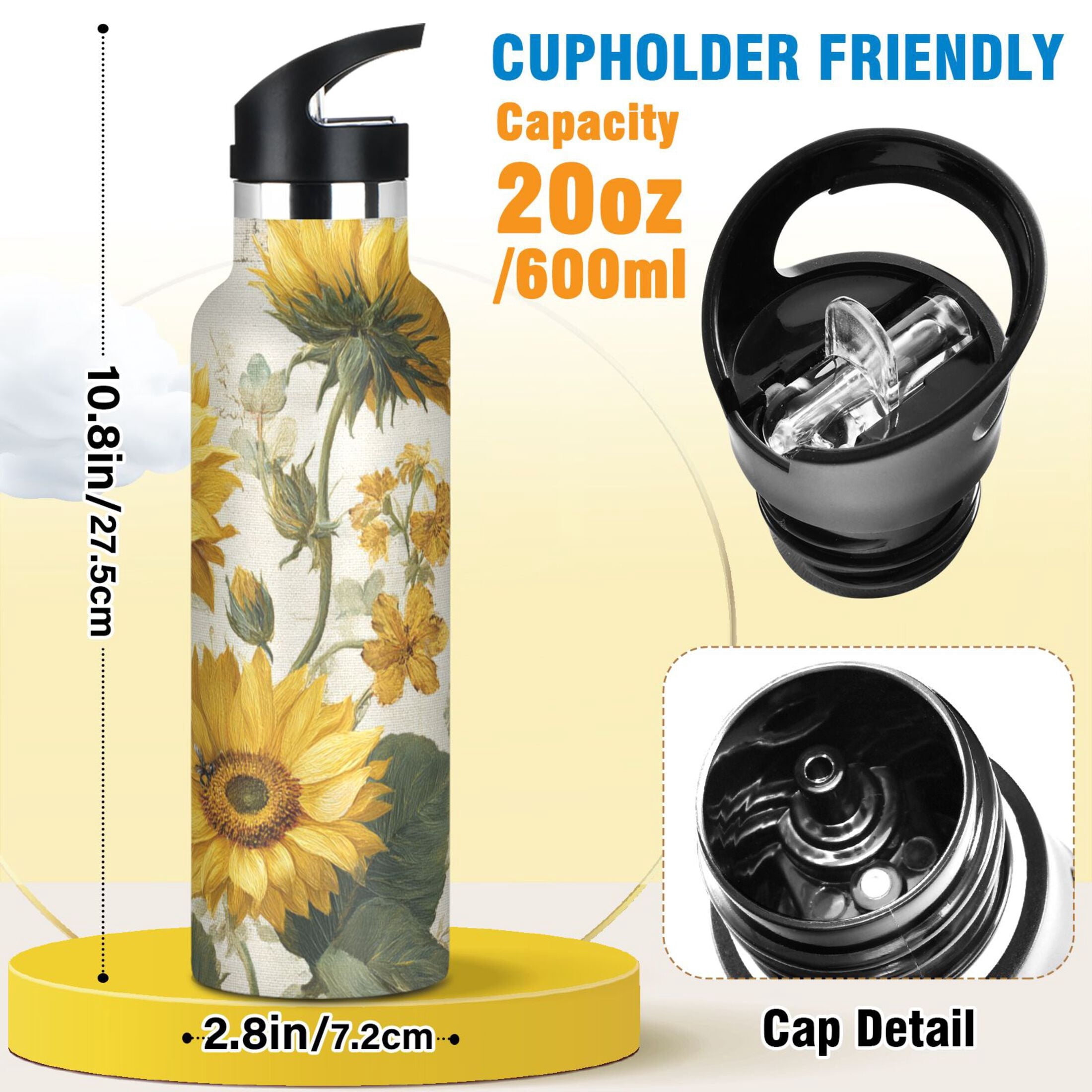 Kids Insulated Stainless Steel Sports Water Bottle 600ml (20oz) Sunflower and Bee Pattern