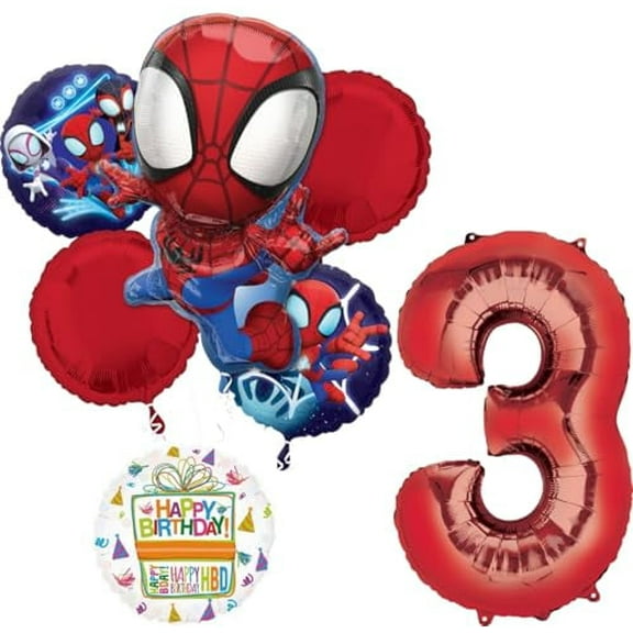 Spidey and Friends 3rd Birthday Party Supplies 7pc Foil Balloon Bouquet Decorations