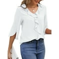 thumbnail image 4 of UVN Chiffon Blouses for Women Dressy Ruffle V Neck Tops Summer Casual 3/4 Sleeve Shirts, 4 of 10