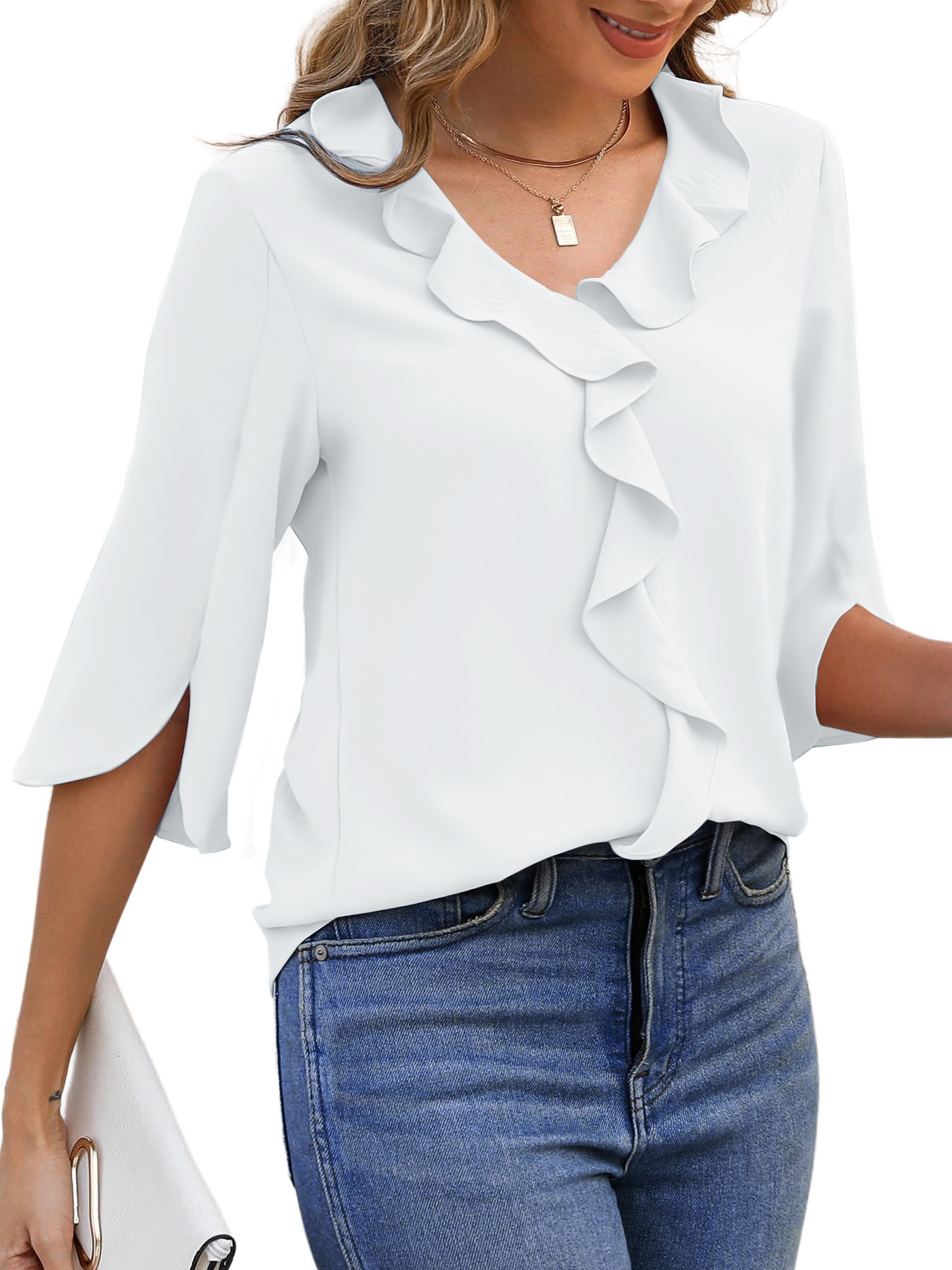 UVN Women's Chiffon Dressy Blouse with 3/4 Sleeves, White photo 3