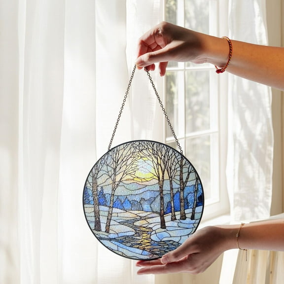 Winter Sunrise Stained-Glass Style Suncatcher, Snow Scene Home Décor