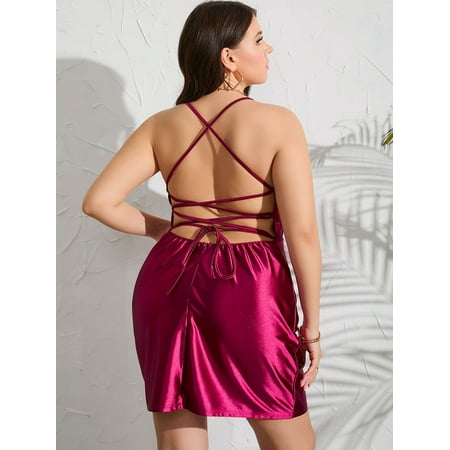 

Women s Plus Lace Up Backless Satin Cami Dress 2022 Hot Pink Glamorous A044W