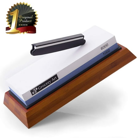Whetstone Knife Sharpener - Knife Sharpening Stone - Waterstone 1000-6000 Grit with Non-Slip Bamboo Base and Angle Guide - Best Wet Stone Kitchen Knives Sharpening