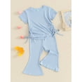 thumbnail image 4 of Musuos Toddler Girls Ribbed Summer Outfits, 9M 12M 18M 24M 3Y 4Y Short Sleeve Round Neck Side Drawstring Tops + Elastic Waist Flare Pants Set, 4 of 10