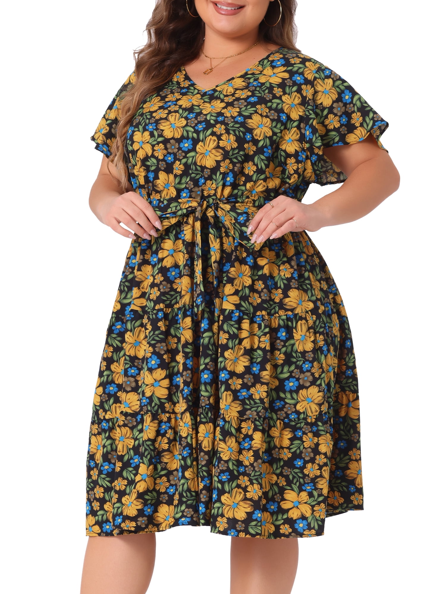 DARING DIVA Plus Size V Neck Elastic Waist Ruffle Floral Midi Dress 4X Black
