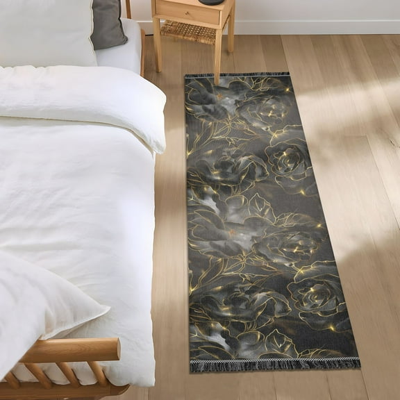 Luxury Black Rose Runner Area Rug 2x6 Soft Non-Slip Washable Bedside Carpet for Hallway Bedroom Living Room Home Decor