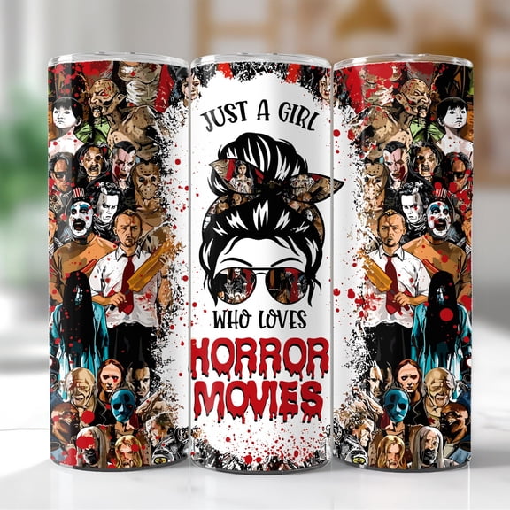 [NO STRAW] Just a Girl Who Loves Horror Movies Messy Bun Tumbler w/Straw Stainless Steel 20oz Gift for Her, Horror Movie Gift Mug