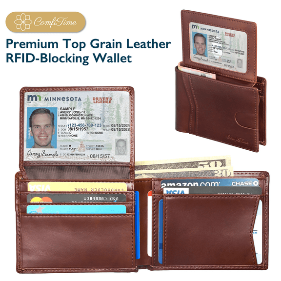 ComfiTime Men's Wallet Billfolds, Top Grain Leather RFID Bifold Wallet for Men & Women, 2 ID Windows, 11 Card Slots, 2 Cash Pockets, Gift Box, Brown