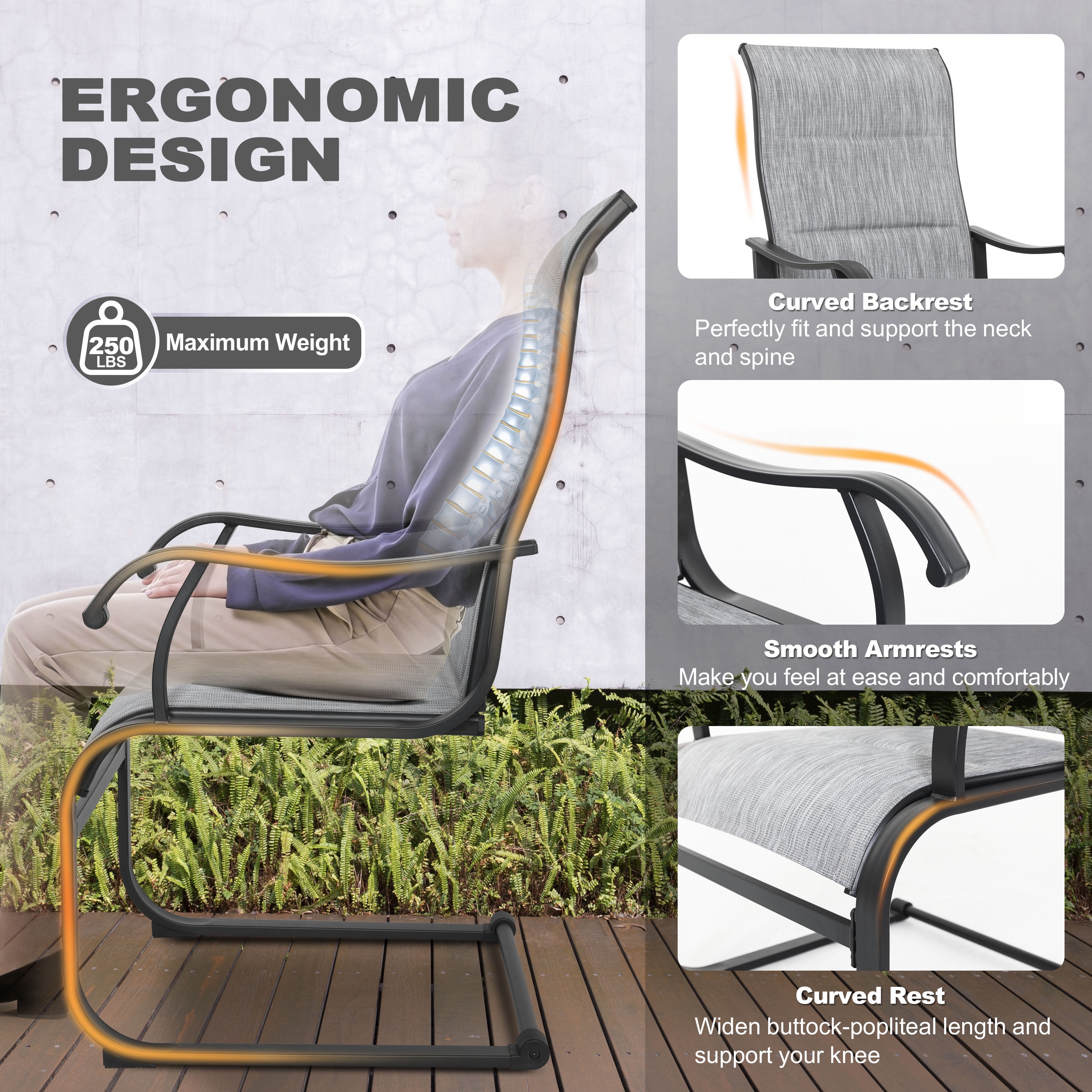 Nuu Garden 7 Piece Outdoor Dining Set, Outdoor Padded Textilene Patio Chairs and 61'' Rectangular Dining Table with Umbrella Hole, Grey & Black