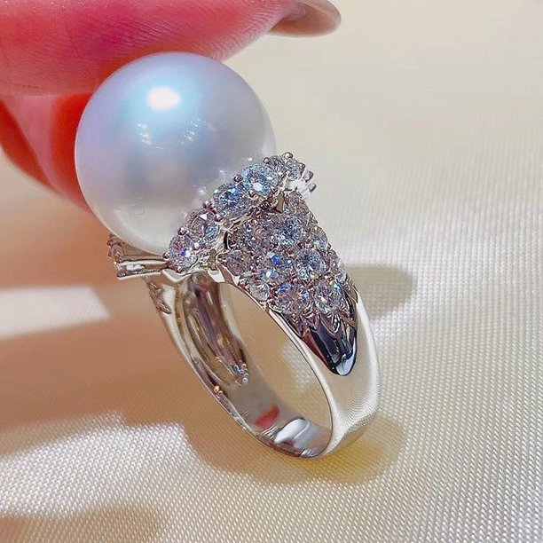 Anillo de perla de imitación vintage barroco Anillo de compromiso de lujo con perla de gran tamaño para mujer Anillo de dedo índice moderno