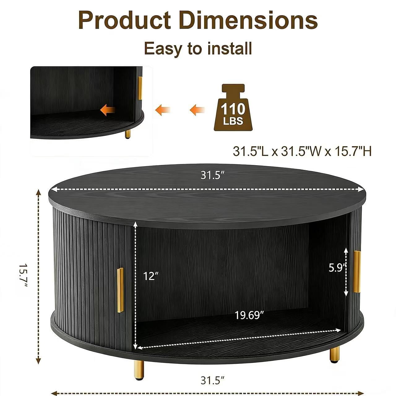 AISWORD Round Coffee Table with 360° Sliding Door, Fluted Accent Coffee Table with Storage Adjustable Footpads for Living Room, Black