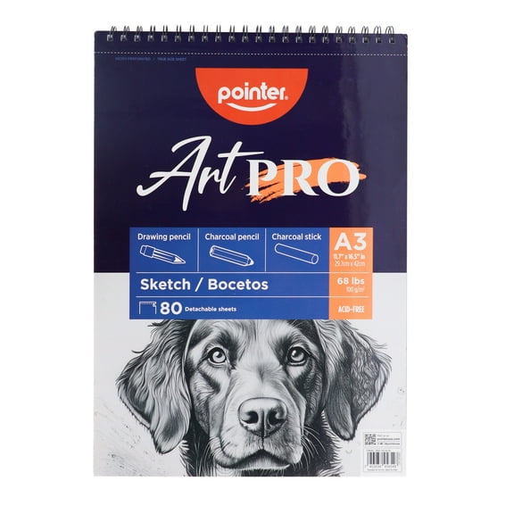 Pointer Art PRO Sketch Pad, A3 (11.7"x16.5"), 68lb (100Gsm), 80 Sheets, Spiral Bound