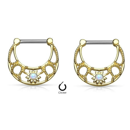 Nipple Rings Clickers Opal Set Sunburst Centered Filigree 316L Surgical Steel Sold as a pair 14g