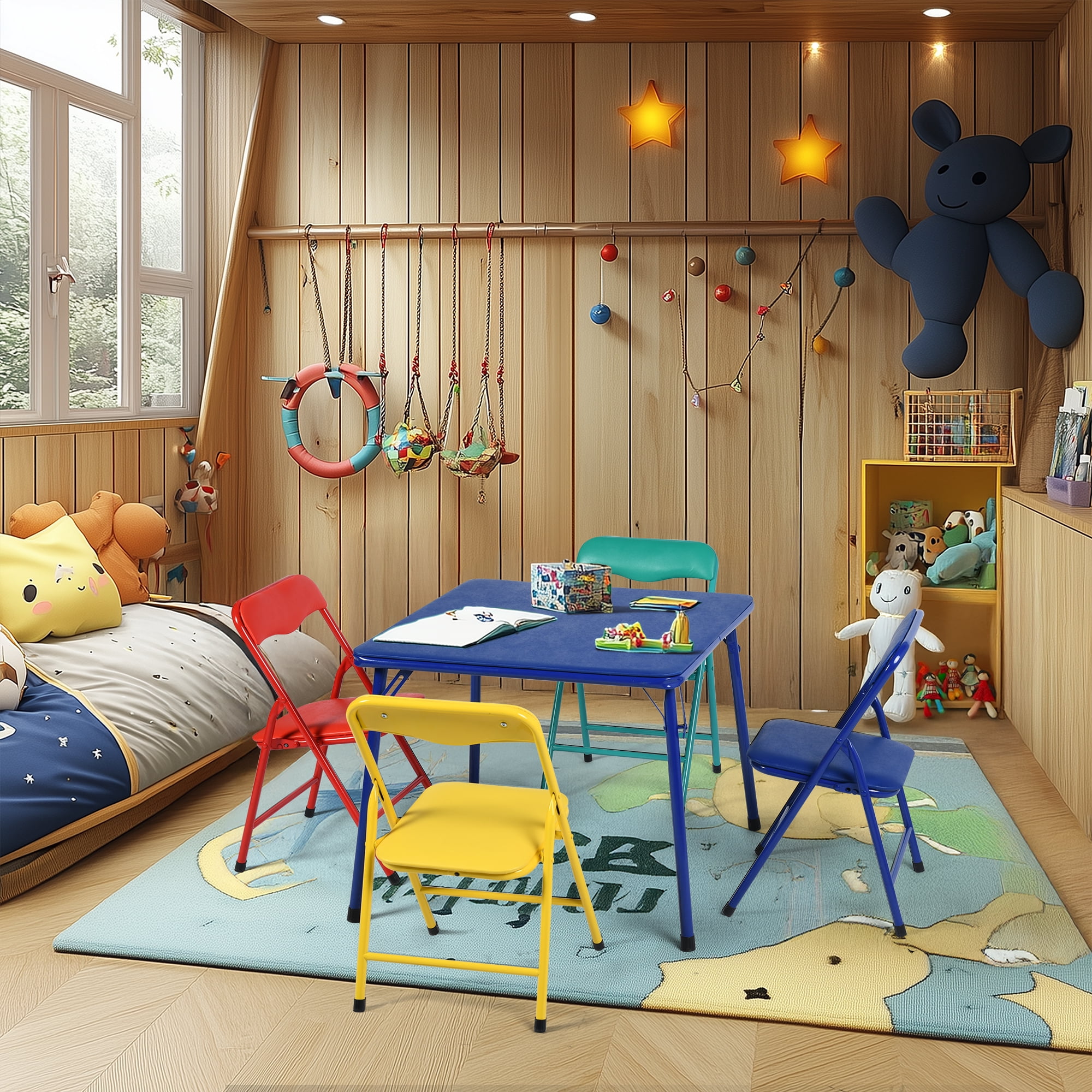 5-Piece Kids Folding Table and Chairs Set, Multicolor Square Activity Table with 4 Chairs, Foldable Vinyl Furniture for Daycare Classroom Playroom