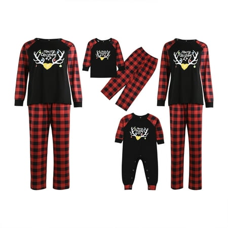 

Christmas Family Parent-child Pajamas Cartoon Antlers Print Tops and Plaid Pants Sleepwear Set