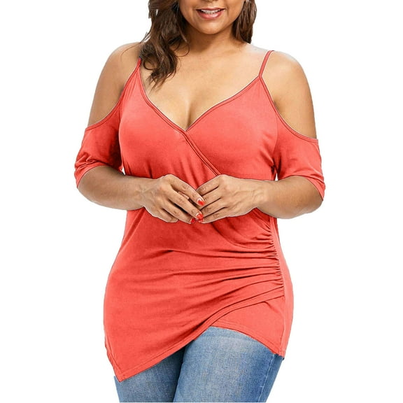 RYDCOT Fashion Womens Plus Size Cutout Asymmetric Cold Shoulder T-shirt V-Neck Tops Pink XXXL