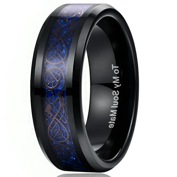 8mm Black Blue Tungsten Rings for Men Women Celtic Dragon Wedding Band Carbon Fiber Inlay Beveled Edge Size 5-14