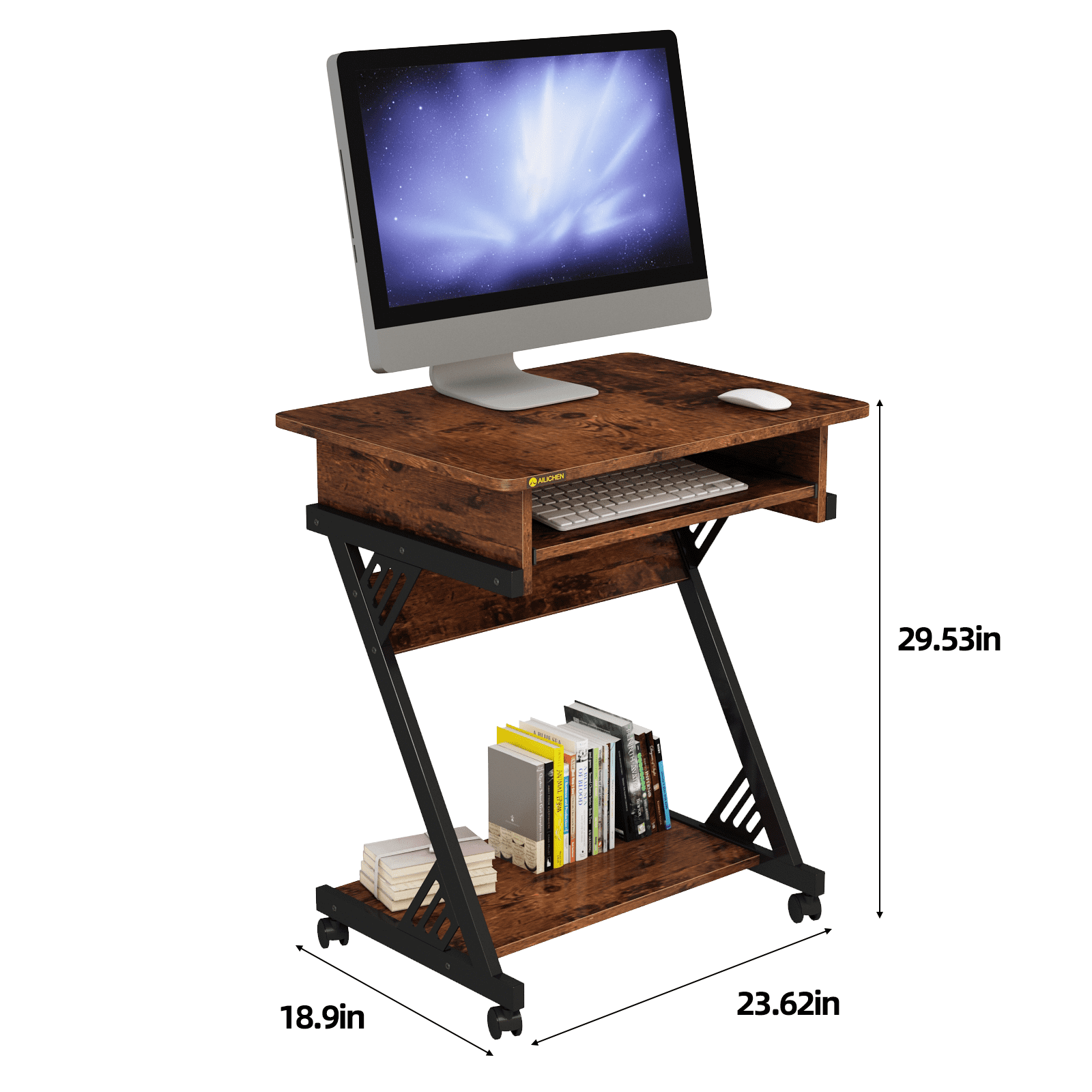 MIN EN WIN 2 Tiers Rolling Computer Desk with Keyboard Tray and Printer Shelf for Home Office, Mobile Computer Desk for Small Space, Retro Computer Table Compact PC Laptop Workstation, Rustic Brown