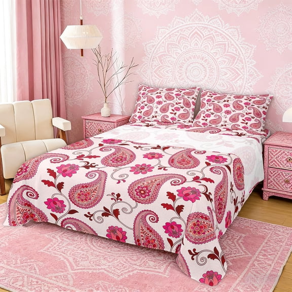 Erosebridal Girls Paisley Full Size Sheets, Pink Vintage Flower Bed Sheets, 4-Piece 1 Flat Sheet, 1 Fitted Sheet and 2 Pillowcases