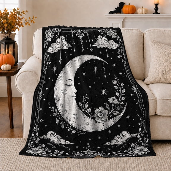 Black white crescent moon face Flannel Blanket for bedroom study living room reading nook Home Decor magic celestial cloud floral border art Gift for moon lovers