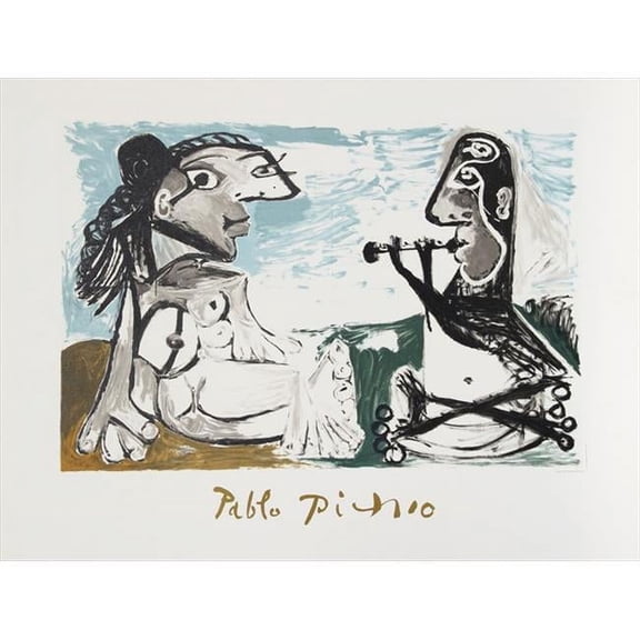 Pablo Picasso  Femme Assise et Joueur de Flute- Lithograph on Paper - Blue- Gray- Black- Green
