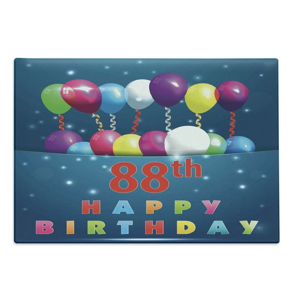 88th Birthday Cutting Board, Ornamental Surprise with Party Balloons Cheerful Event Design Print, Decorative Tempered Glass Cutting and Serving Board, Large Size, Multicolor, by Ambesonne