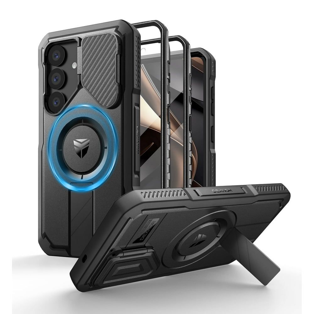 Dexnor for Samsung Galaxy S25 Case with Flip Camera Cover & Adjustable Kickstand & Built-in Screen Protector,Compatible with MagSafe Shockproof Bumper Heavy-Duty Magnetic Protective Cover,Black