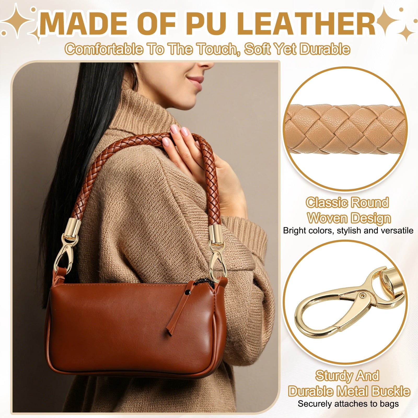 Uxcell 2 Pcs Braided Purse Strap, 65cm 25.6" PU Leather Shoulder Purse Strap for Handbag Bag Handle Replacement for DIY Making Handbag Underarm Bag, Apricot (Light Gold Buckle)