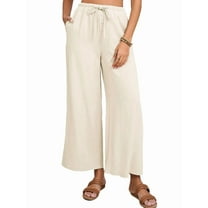 Womens Cotton Linen Pants Summer Casual Beach Pants Drawstring Flowy Wide Leg with Pockets Light Beige S