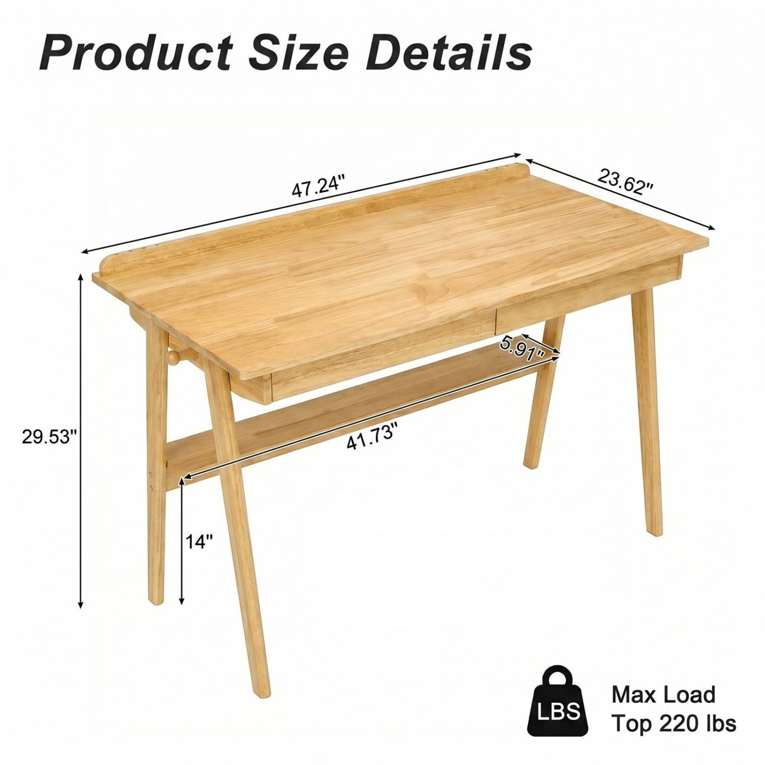 Solid Wood Writing Desk 47 Inch with 2 Drawers & Storage Shelf Mid Century Modern Home Office Desk with Hooks for Bedroom Study Wood