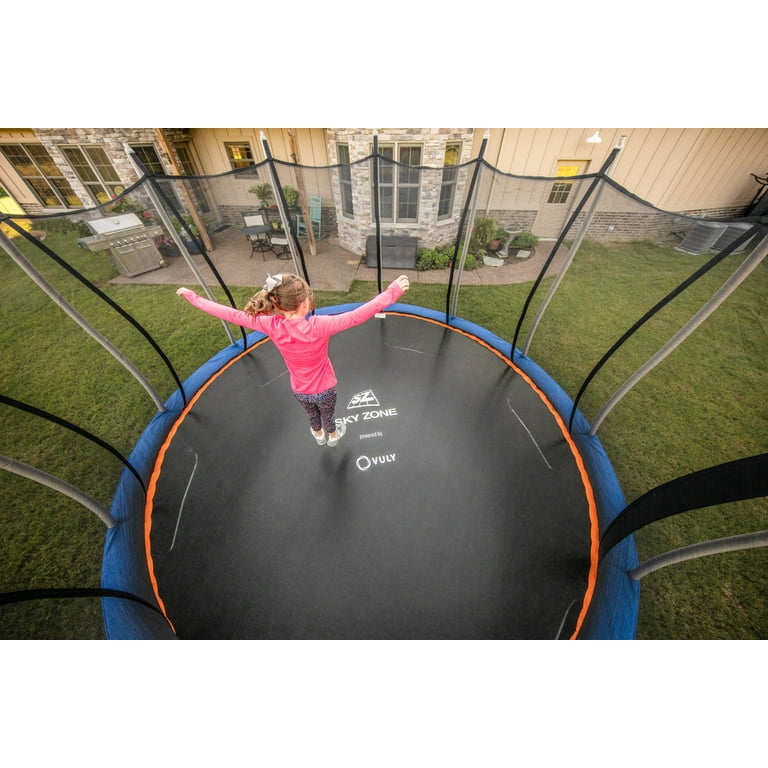 Official Sky Zone x Vuly 14 Foot Trampoline and Basketball Hoop Self Closing Door Blue