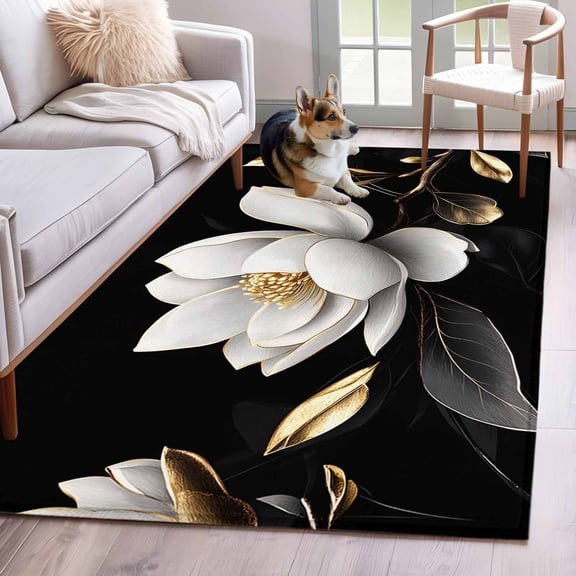 Gorgeous Flowers Area Rug 4x6 Washable Rug Non Slip White Gold Floral Botanicals Black Large Area Rug Indoor Floor Carpet for Entryway Bedroom Kitchen Living Room Home Office Dining Room Nursery