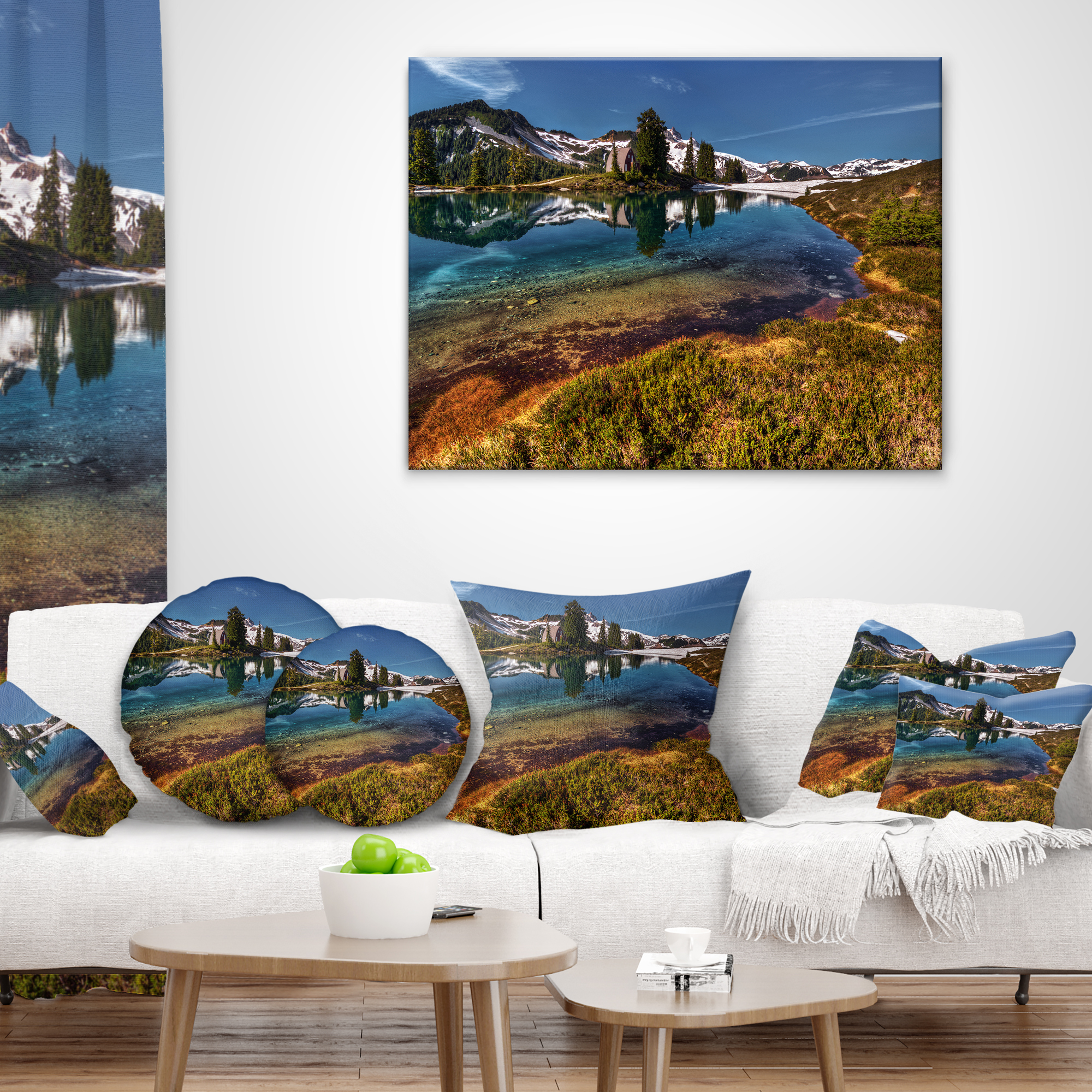 Designart Curving Mountain Lake Shore - Landscape Printed Throw Pillow - 18x18
