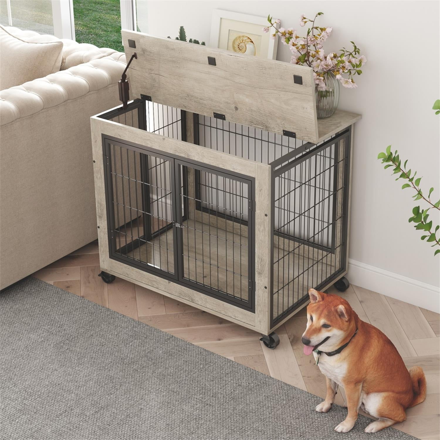 Pefilos 24" Dog Cage for Indoor Dog Crate for Medium Dogs Nightstand Dog House Side Table with Double Doors and Lift Top Casters, Gray Pefilos 24" Dog Cage for Indoor Dog Crate for Medium Dogs Nightstand Dog House Side Table with Double Doors and Lift Top Casters, Gray