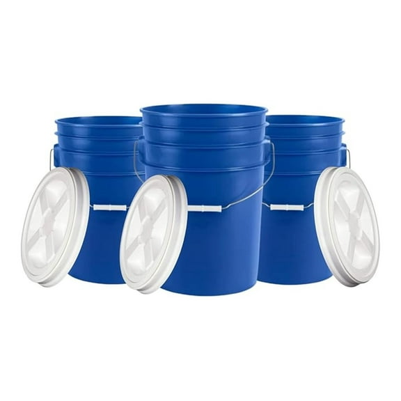 6 Gallon Large Blue Food Grade Plastic Bucket Pail with Air Tight Screw on Lid (Pack of 3) Made in USA pails