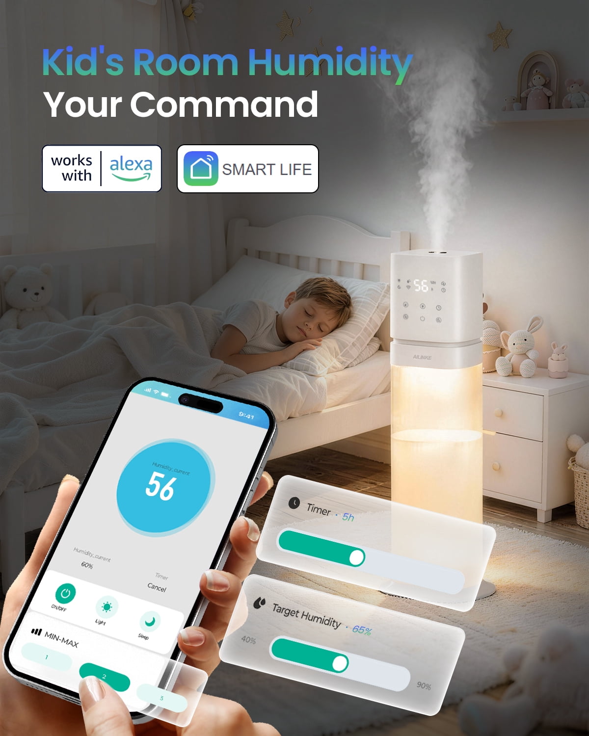 Smart Humidifier Large Room, 2.1Gal/8L Humidifiers for Room Bedroom, Whole House Cool Mist Humidifiers, White