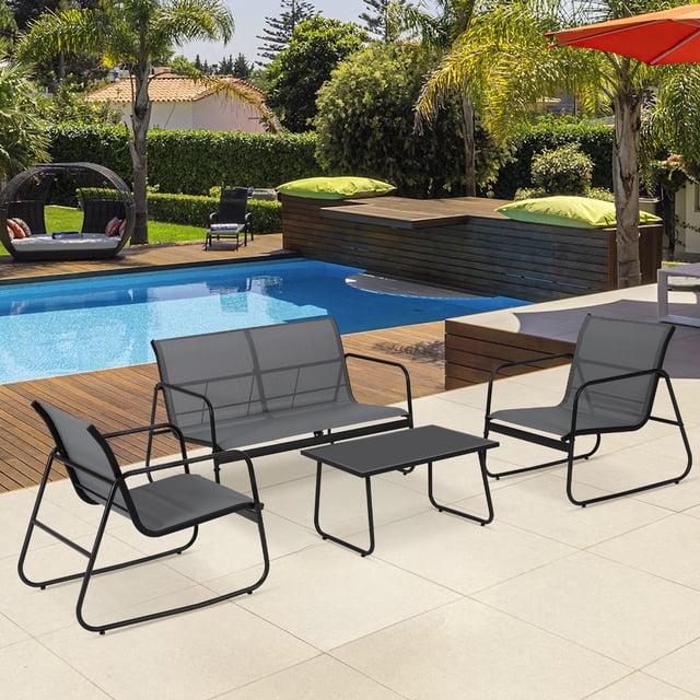 Ensemble de Conversation de Patio 4 Pcs, Causeuse 2 Chaises en Textilène Table Basse en Verre, Cadre en Acier Enduit de Poudre, Mobilier d'Extérieur Résistant aux Intempéries pour Cour Arrière Balcon, Noir Gris