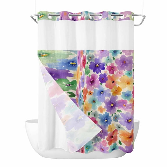 No Hook Shower Curtains with Snap-in Liner Set, Colorful Flowers Waterproof Hotel Style Bathroom Shower Curtain, Spring Farmhouse Watercolor Floral Beige Breathable Mesh Top Bath Curtains 48''x72''