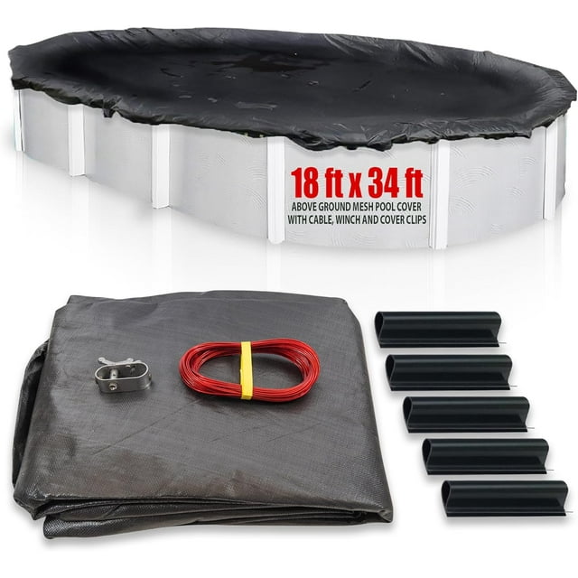 SET SunSolar Energy Technologies- MESH Above Ground Winter Pool Cover for 18x34 Foot Oval Swimming Pool - Winter Pool Cover with Sturdy Cable and Winch 8-Yr warranty. Cover Clips Included.