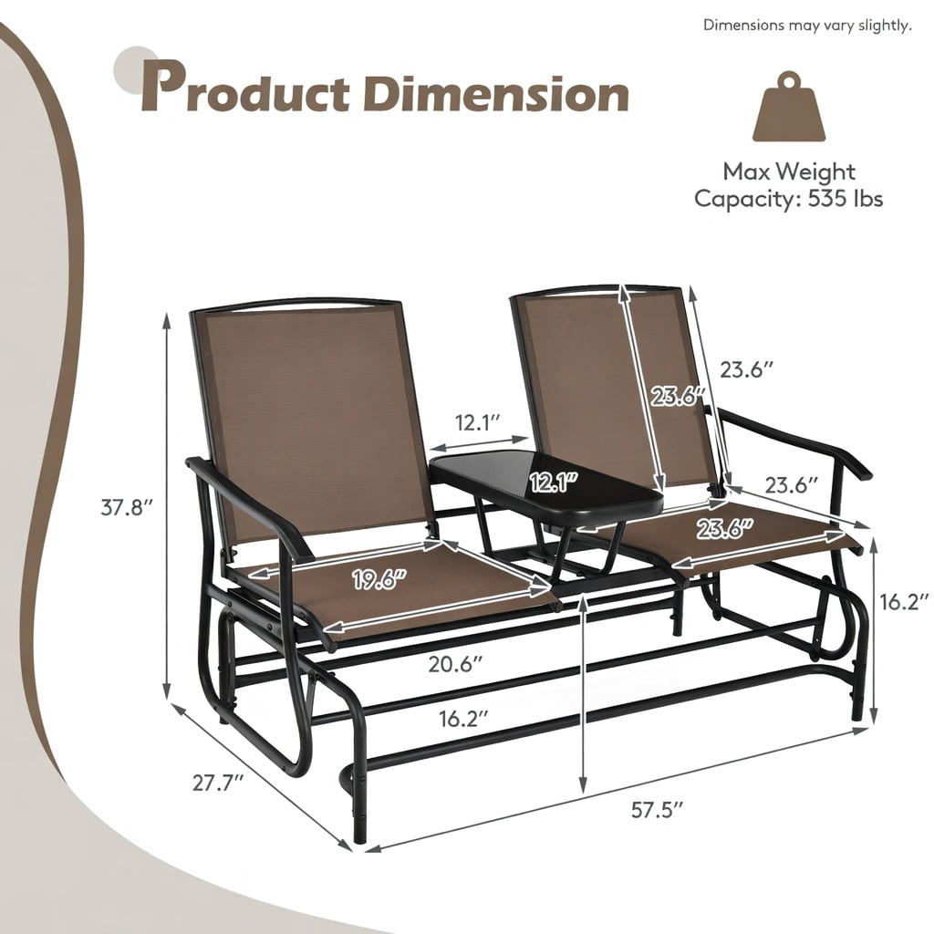 Hommoo 2-Person Outdoor Rocking Loveseat with Tempered Glass Center Table, Steel Frame Seating for Patio, Lawn & Garden, Brown